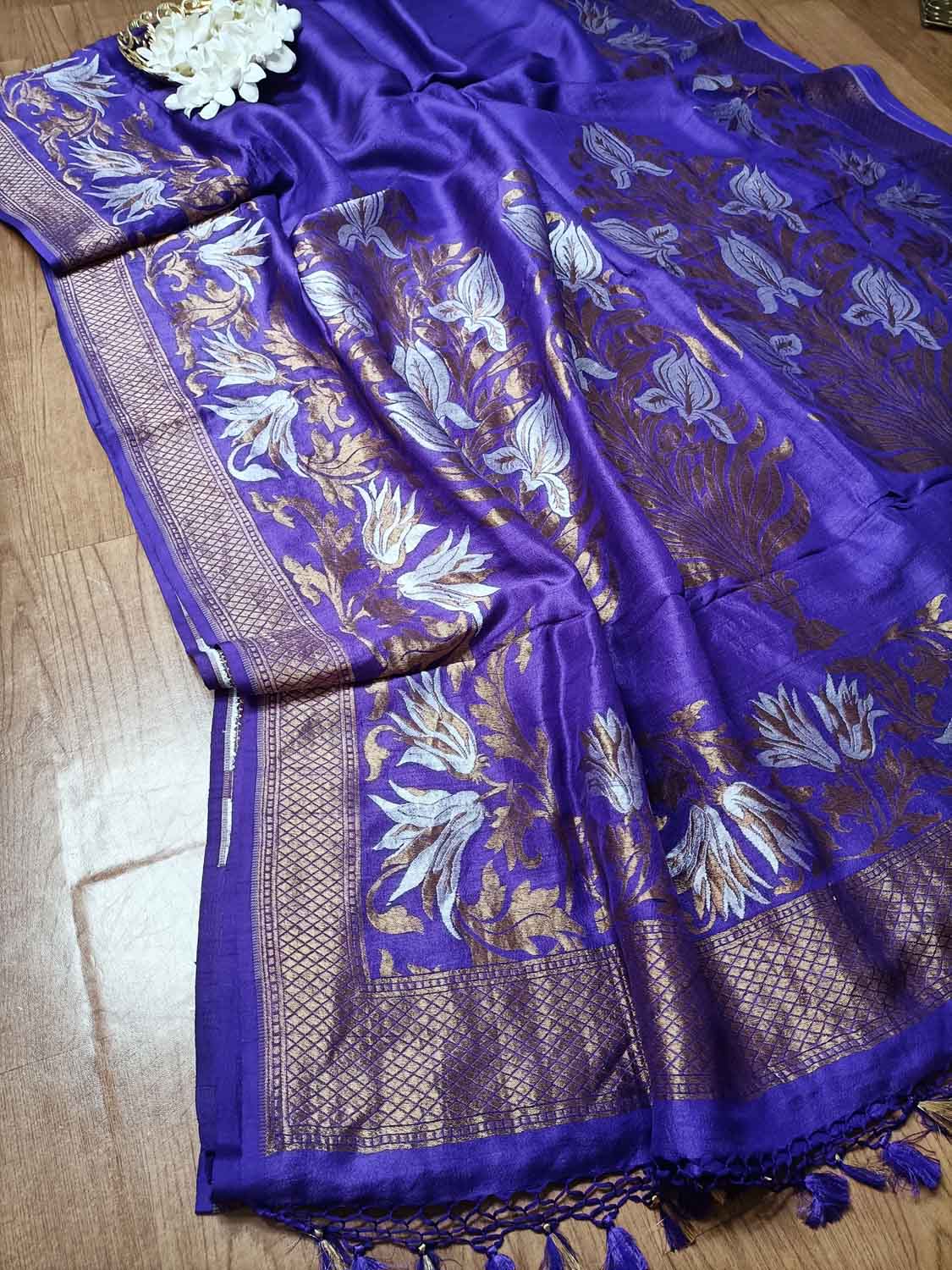 Elegant Purple Banarasi Tussar Silk Saree - Luxurion World