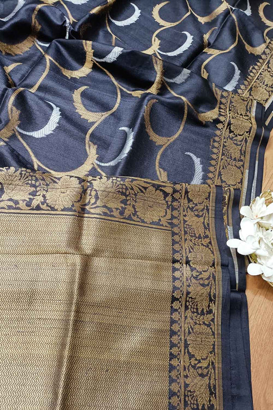 Elegant Black Banarasi Tussar Silk Saree - Luxurion World