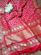 Elegant Red Banarasi Katan Silk Saree with Intricate Jaal Work - Luxurion World