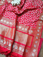Elegant Red Banarasi Katan Silk Saree with Intricate Jaal Work - Luxurion World