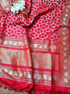 Elegant Red Banarasi Katan Silk Saree with Intricate Jaal Work - Luxurion World