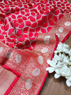Elegant Red Banarasi Katan Silk Saree with Intricate Jaal Work - Luxurion World