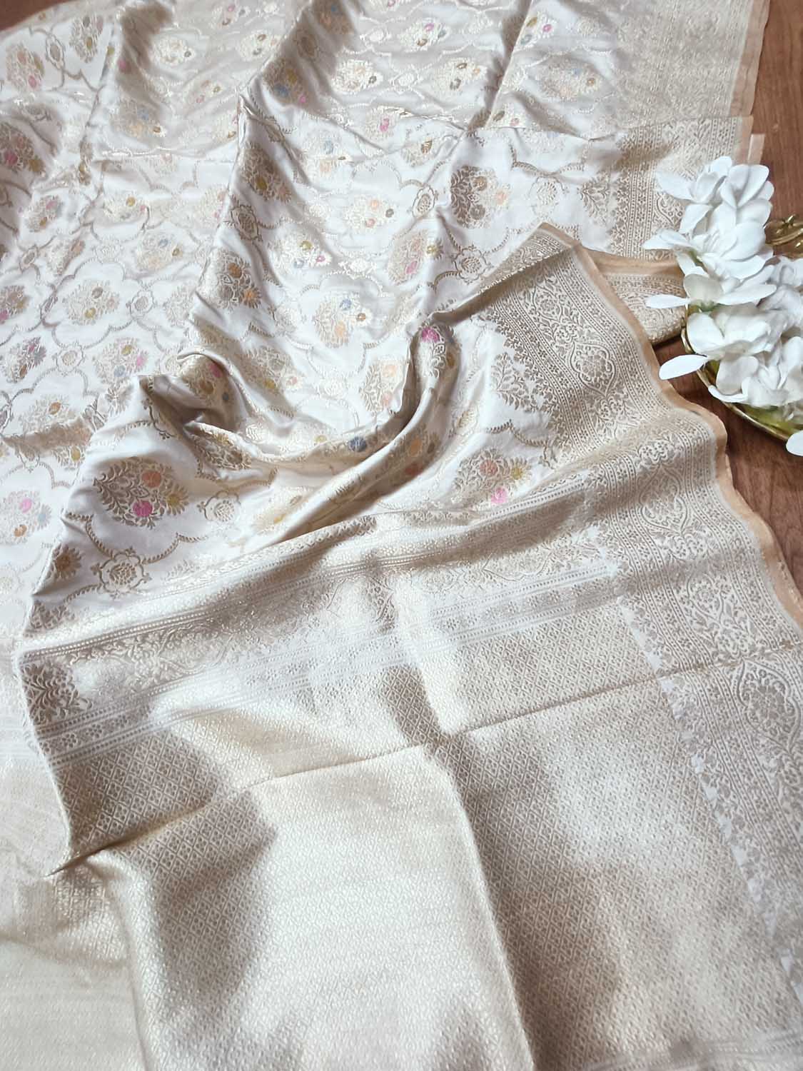 Elegant Pastel Banarasi Katan Silk Meenakari Saree - Luxurion World