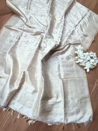 Elegant Pastel Banarasi Katan Silk Meenakari Saree - Luxurion World