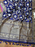 Elegant Blue Banarasi Katan Silk Saree with Jaal Work - Luxurion World