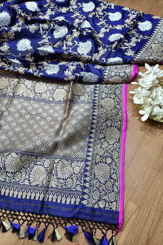 Elegant Blue Banarasi Katan Silk Saree with Jaal Work - Luxurion World