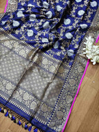 Elegant Blue Banarasi Katan Silk Saree with Jaal Work - Luxurion World