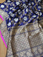 Elegant Blue Banarasi Katan Silk Saree with Jaal Work - Luxurion World