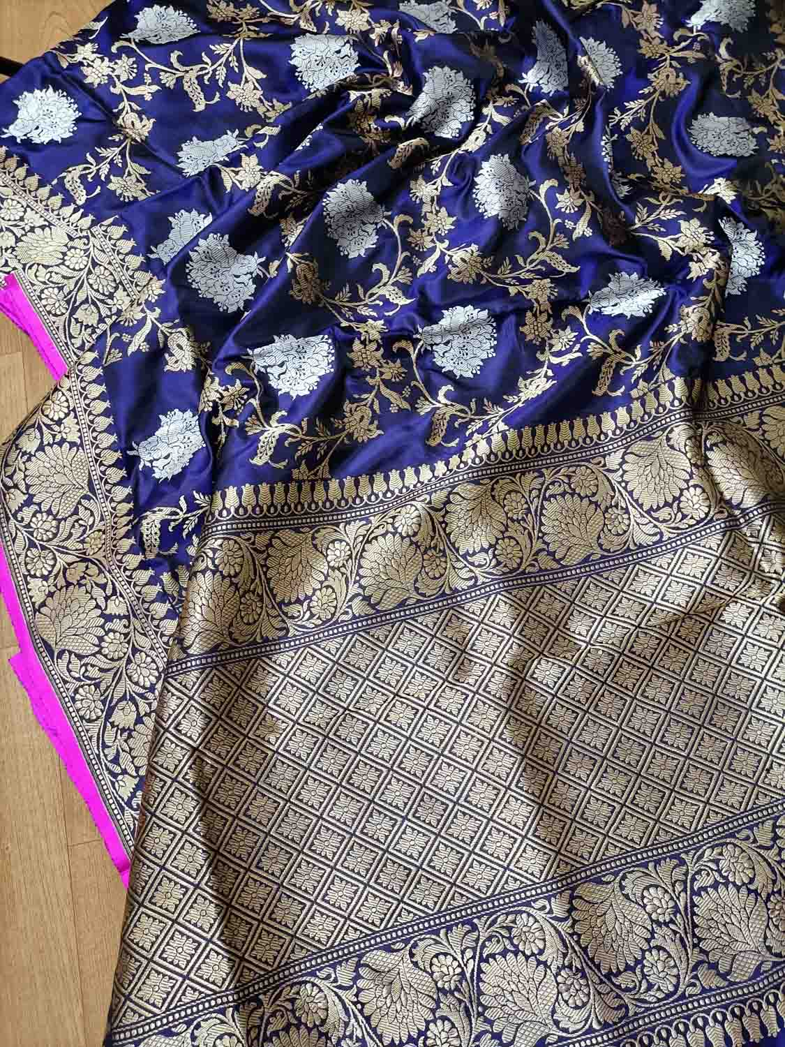 Elegant Blue Banarasi Katan Silk Saree with Jaal Work - Luxurion World