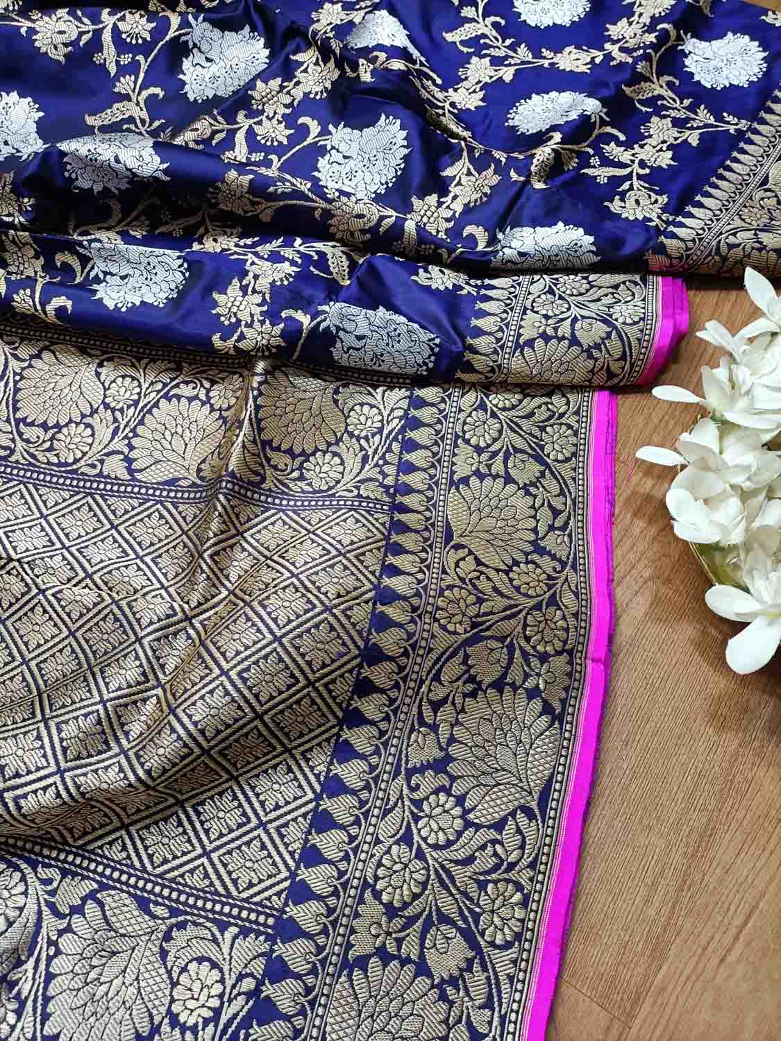Elegant Blue Banarasi Katan Silk Saree with Jaal Work - Luxurion World