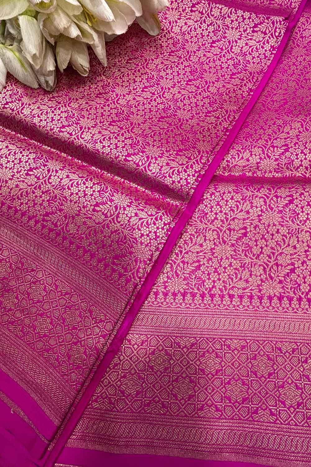 Pink Handloom Banarasi Pure Katan Silk Flower Design Saree - Luxurion World