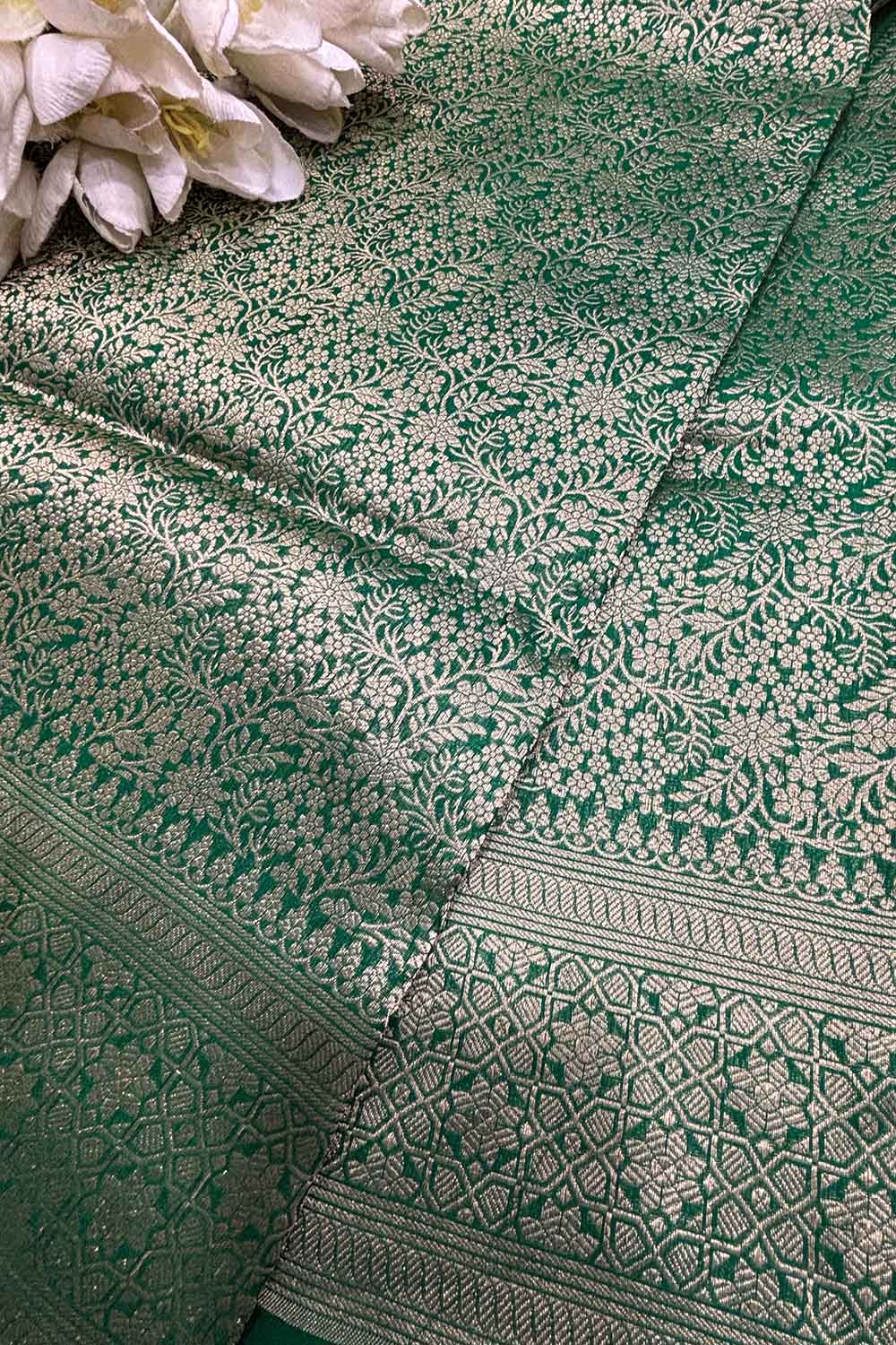 Green Handloom Banarasi Pure Katan Silk Flower Design Saree - Luxurion World