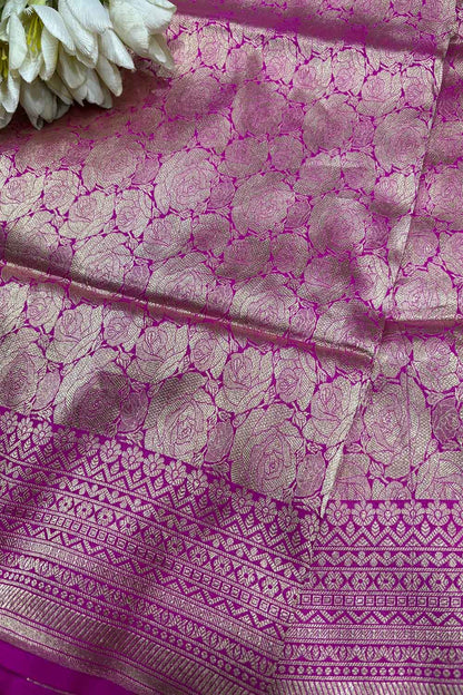 Pink Handloom Banarasi Pure Katan Silk Flower Design Saree - Luxurion World
