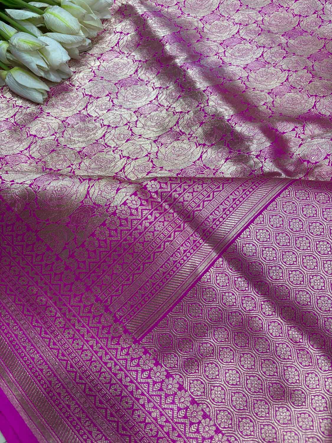 Pink Handloom Banarasi Pure Katan Silk Flower Design Saree - Luxurion World