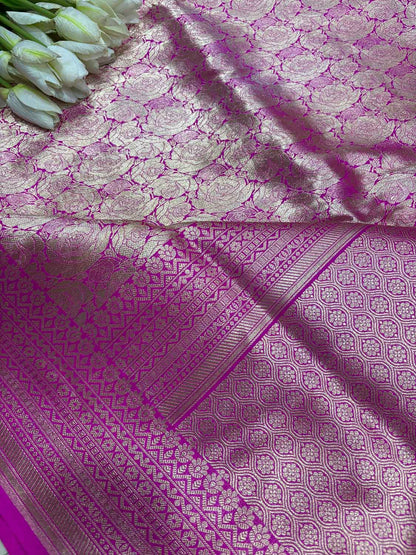 Pink Handloom Banarasi Pure Katan Silk Flower Design Saree - Luxurion World