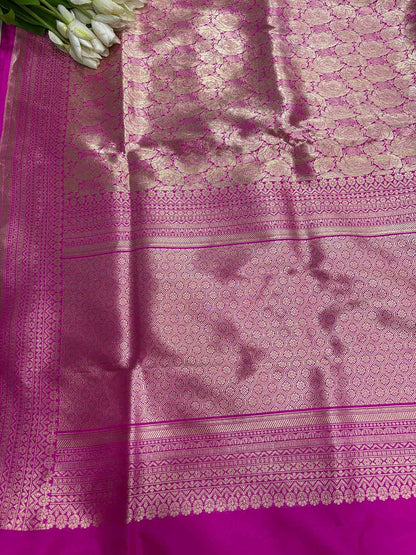 Pink Handloom Banarasi Pure Katan Silk Flower Design Saree - Luxurion World