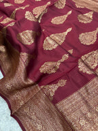 Maroon Banarasi Chiniya Silk Saree Big Boota Flower Design Handloom