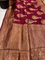 Maroon Banarasi Chiniya Silk Saree Big Boota Flower Design Handloom