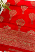 Red Handloom Banarasi Pure Chiniya Silk Big Boota Flower Design Saree