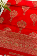 Red Handloom Banarasi Pure Chiniya Silk Big Boota Flower Design Saree