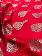 Red Handloom Banarasi Pure Chiniya Silk Big Boota Flower Design Saree
