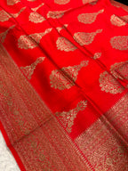 Red Handloom Banarasi Pure Chiniya Silk Big Boota Flower Design Saree