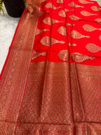 Red Handloom Banarasi Pure Chiniya Silk Big Boota Flower Design Saree