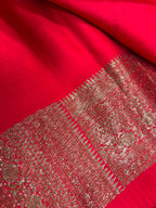 Red Handloom Banarasi Pure Chiniya Silk Big Boota Flower Design Saree
