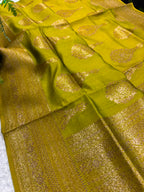 Green Handloom Banarasi Pure Chiniya Silk Big Boota Flower Design Saree