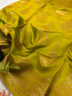 Green Handloom Banarasi Pure Chiniya Silk Big Boota Flower Design Saree
