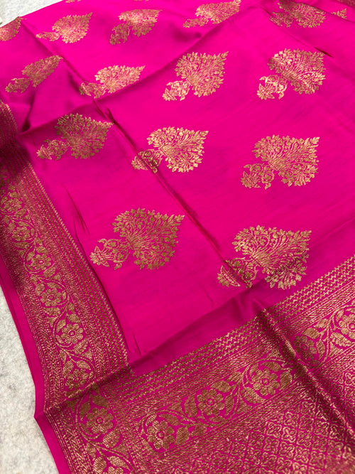 Pink Banarasi Chiniya Silk Saree Big Boota Flower Design Handloom