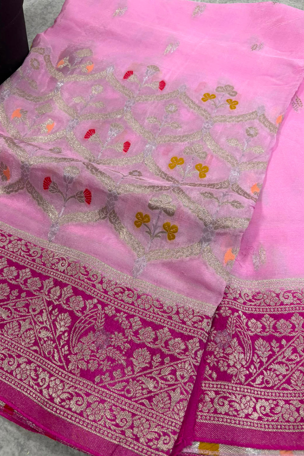 Pink Banarasi Crepe Silk Saree Flower Design