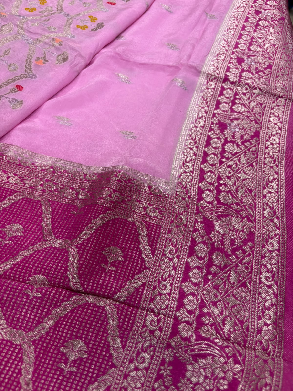 Pink Banarasi Crepe Silk Saree Flower Design