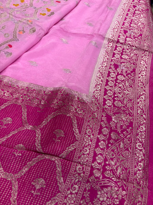 Pink Banarasi Crepe Silk Saree Flower Design