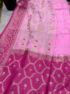 Pink Banarasi Crepe Silk Saree Flower Design