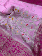Pink Banarasi Crepe Silk Saree Flower Design