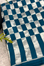 Blue Handloom Banarasi Pure Silk Checks Design Saree