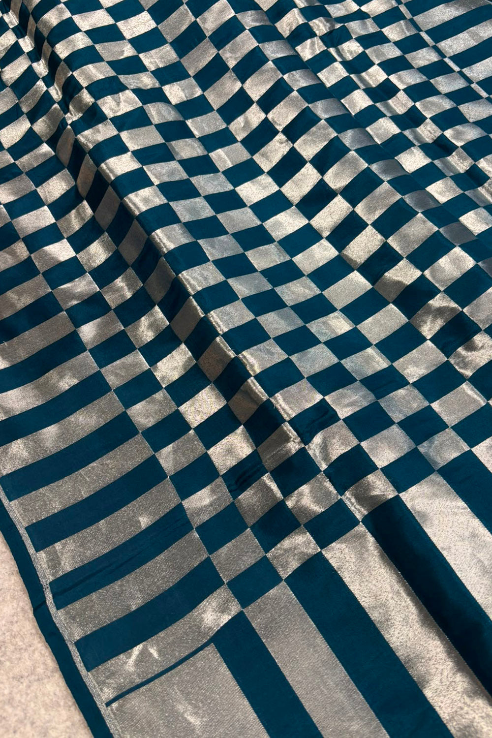 Blue Handloom Banarasi Pure Silk Checks Design Saree