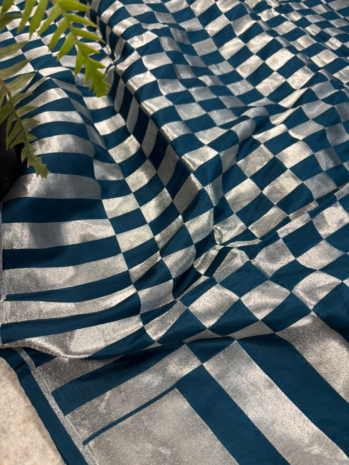 Blue Handloom Banarasi Pure Silk Checks Design Saree