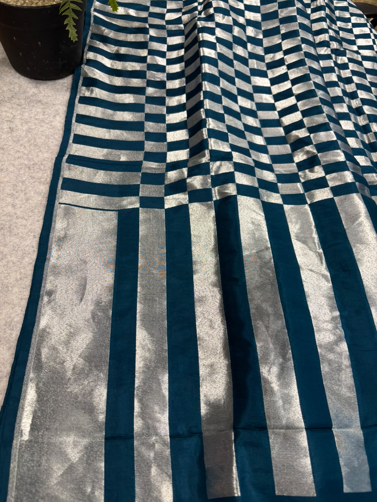 Blue Handloom Banarasi Pure Silk Checks Design Saree
