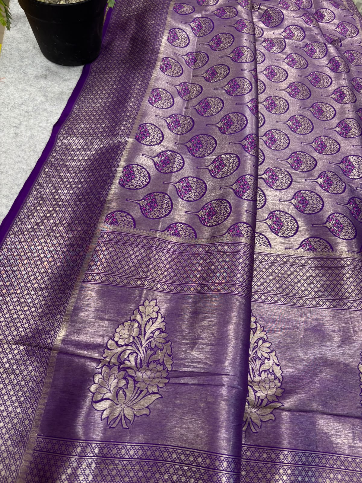 Purple Handloom Banarasi Pure Silk Meenakari Flower Design Saree