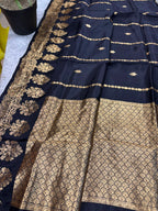 Black Handloom Banarasi Pure Raw Silk Flower Design Saree