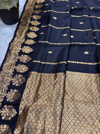 Black Handloom Banarasi Pure Raw Silk Flower Design Saree