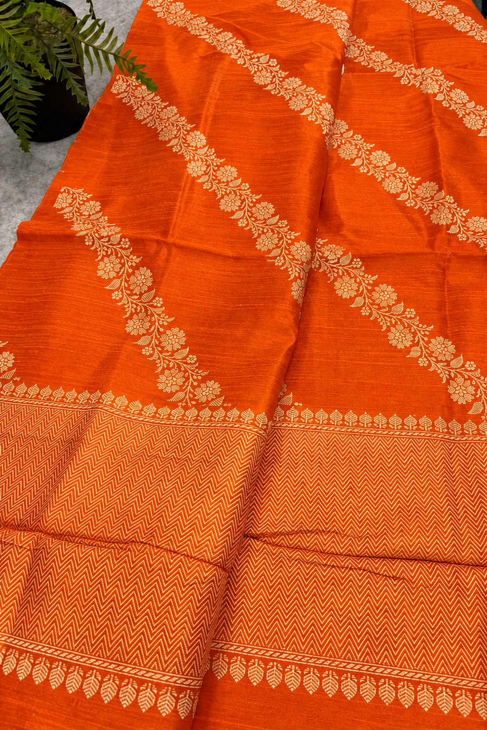 Orange Banarasi Raw Silk Saree Flower Design Handloom India