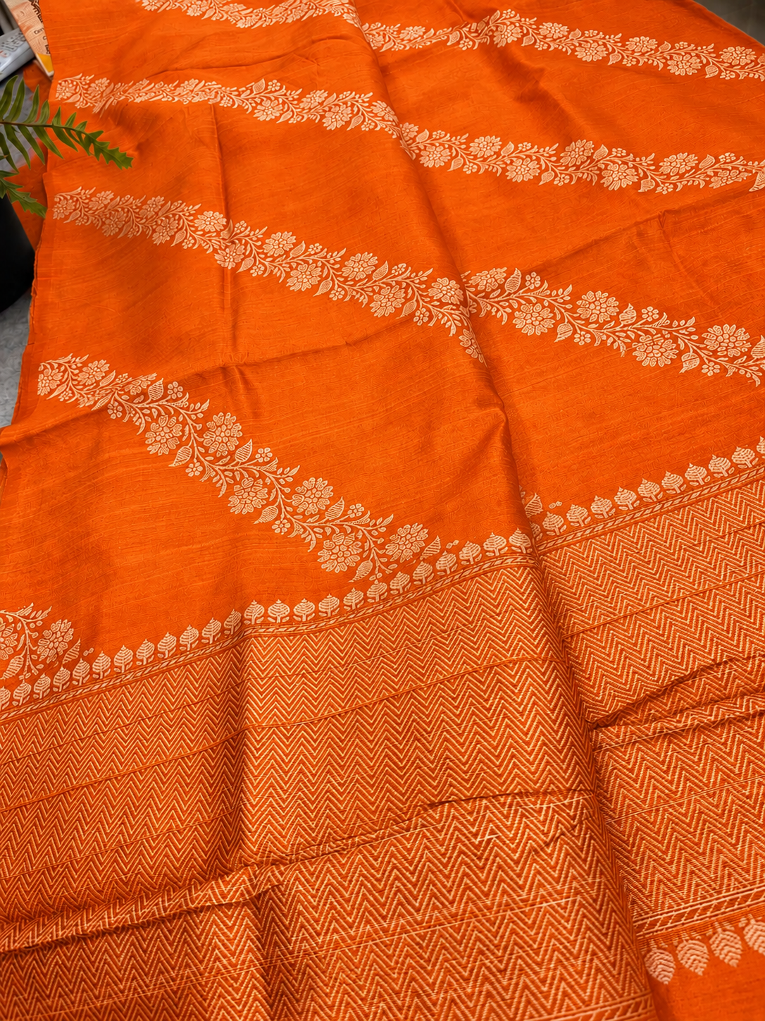 Orange Banarasi Raw Silk Saree Flower Design Handloom India
