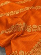 Orange Banarasi Raw Silk Saree Flower Design Handloom India