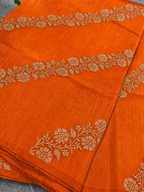 Orange Banarasi Raw Silk Saree Flower Design Handloom India