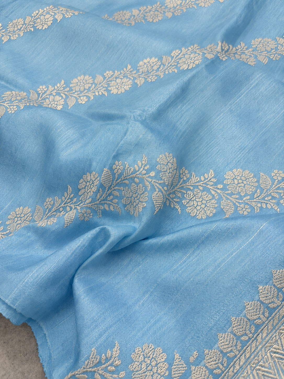Blue Banarasi Raw Silk Saree Flower Design Handloom India