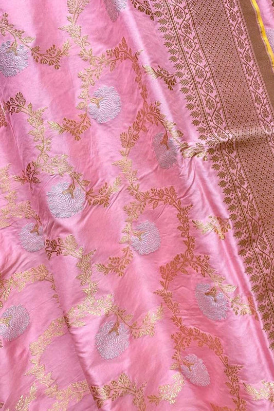 Exquisite Pink Banarasi Pure Katan Silk Saree with Kadwa Weave & Sona Roopa Design - Luxurion World