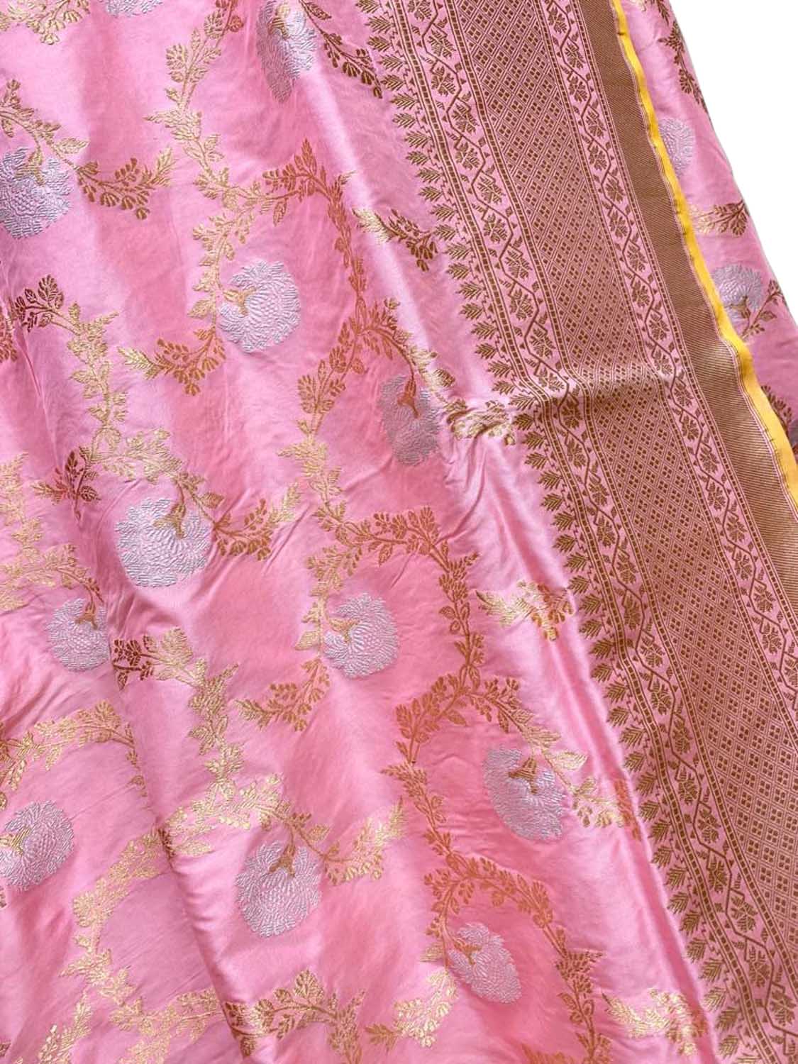 Exquisite Pink Banarasi Pure Katan Silk Saree with Kadwa Weave & Sona Roopa Design - Luxurion World